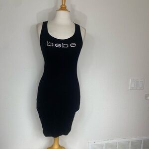Bebe Women's Black Ribbed Logo Bling Racerback Tank Dress Size XS Girlhoodcore